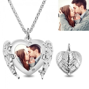 Angel Wings Photo Locket Heart Necklace