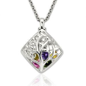 Family Tree Rhombus Birthstones Caged Necklace Platinum Plated