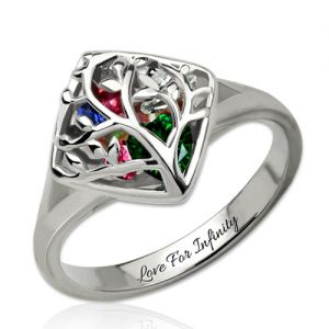Heart Birthstones Family Tree Caged Mother Ring Platinum Plated