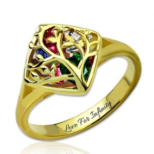 Heart Birthstones Family Tree Caged Mother Ring Gold Plated