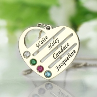 Family Name Heart Necklace with Birthstones Sterling Silver
