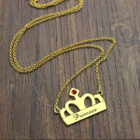 Princess Crown Charm Necklace with Birthstone & Name 18k Gold Plated