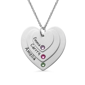 Triple Heart Necklace With Birthstones Sterling Silver
