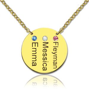 Disc Birthstone Family Names Necklace in Gold
