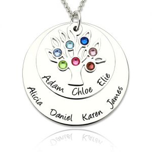 Custom Silver Disk Tree Name Necklace With Birthstones