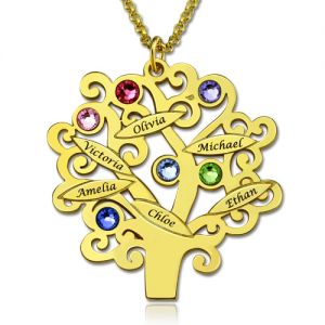 Engraved Family Tree Necklace with Birthstones In Gold
