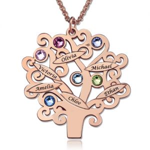 Engraved Family Tree Necklace with Birthstones In Rose Gold