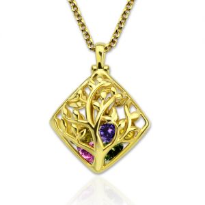Rhombus Cage Family Tree Birthstone Necklace Gold Plated