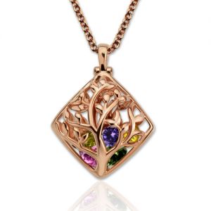 Rhombus Cage Family Tree Birthstone Necklace In Rose Gold