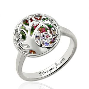 Round Cage Family Tree Ring With Heart Birthstones Platinum Plated