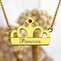 Princess Crown Charm Necklace with Birthstone & Name 18k Gold Plated