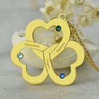 Birthstone Triple Heart Necklace Engraved Name in Gold