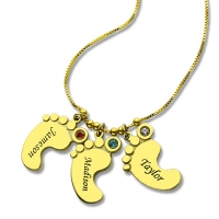 Personalized Birthstones Baby Feet Necklace Gold Plated