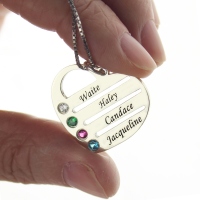 Family Name Heart Necklace with Birthstones Sterling Silver