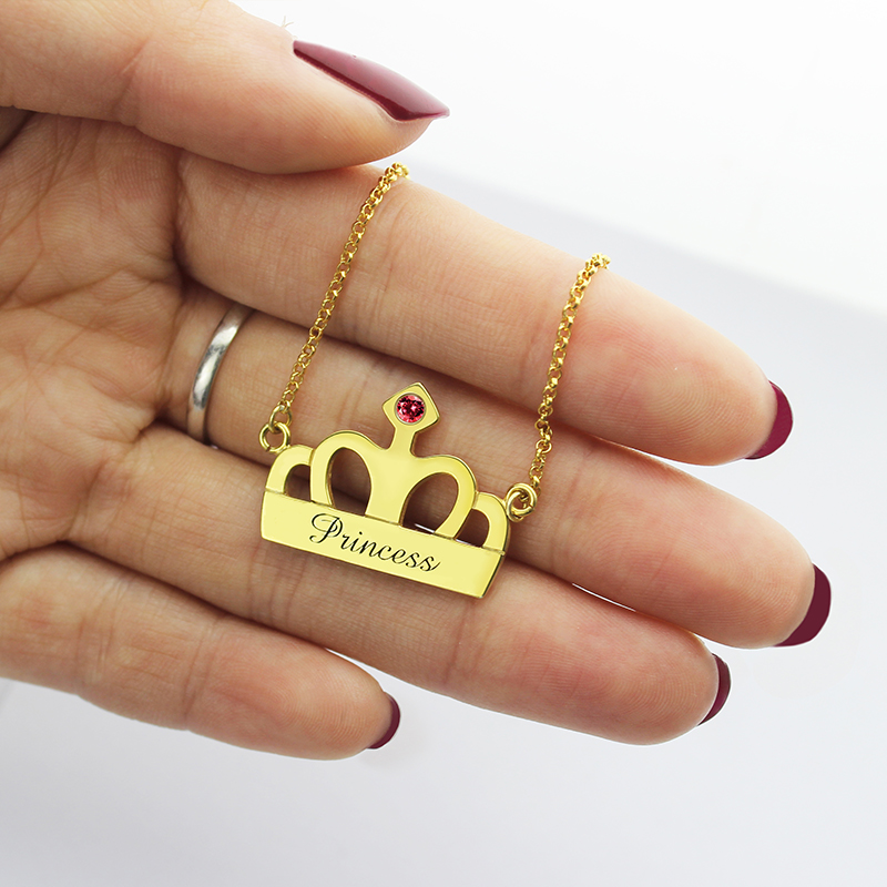 Princess Crown Charm Necklace with Birthstone Name 18k Gold Plated