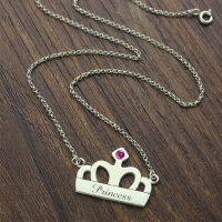 Crown Charm Neckalce with Birthstone & Name Sterling Silver