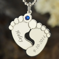 Birthstone Baby's Feet Necklace with Name Sterling Silver