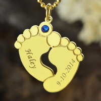 Birthstone Baby's Feet Necklace with Name 18K Gold Plated