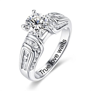 Engraved Gemstone Sleek Silver Wedding Ring