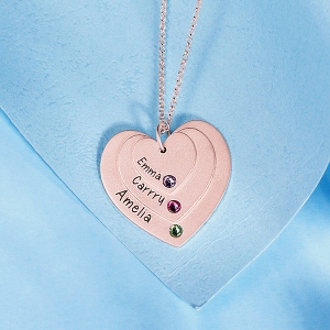 Triple Heart Necklace With Birthstones In Rose Gold